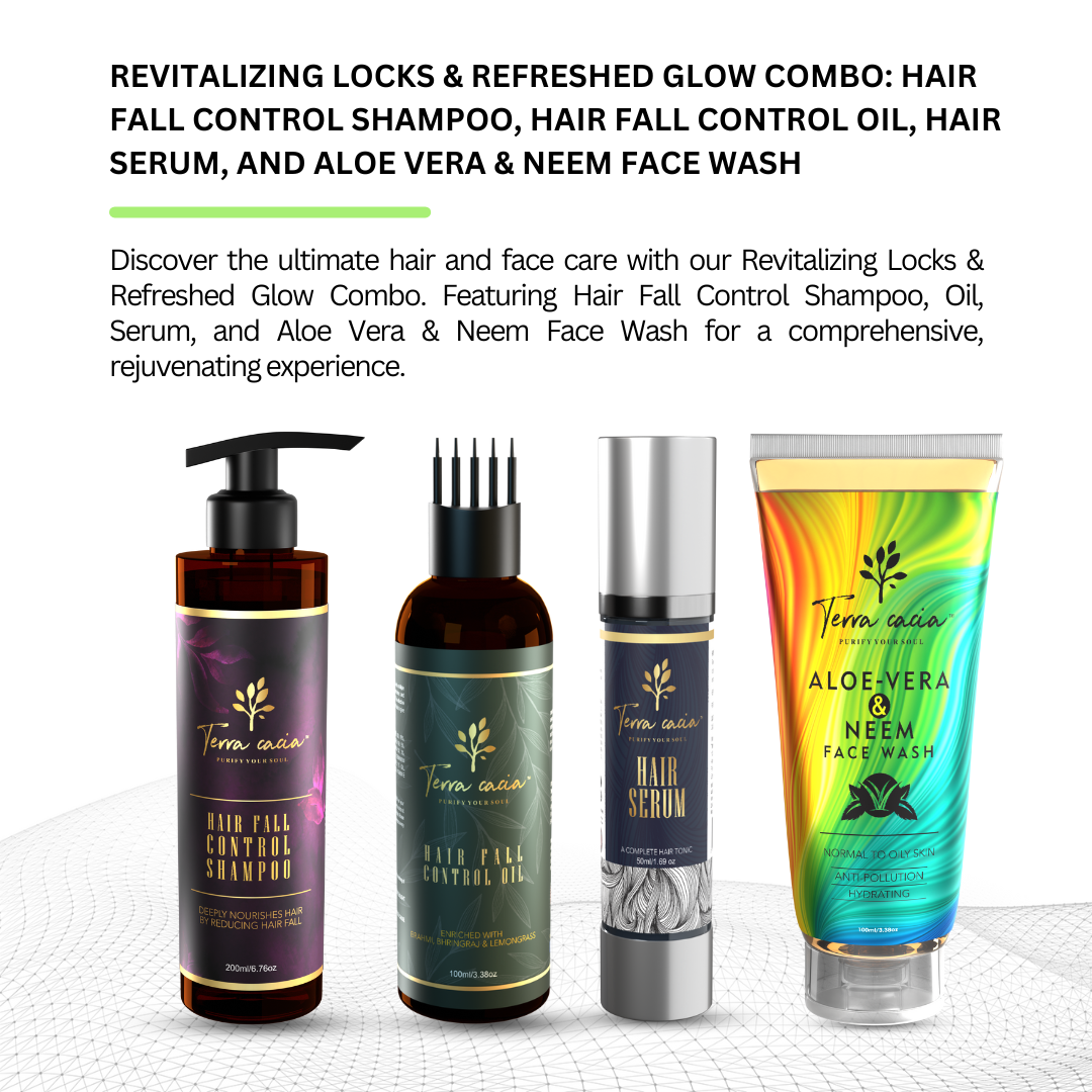 Revitalizing Locks & Refreshed Glow Combo: Hair Fall Control Shampoo, Hair Fall Control Oil, Hair Serum, and Aloe Vera & Neem Face Wash.